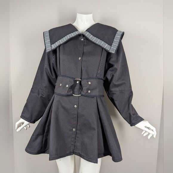 Rare Vintage PARA Style Denim Mini Coat Dress M Sailor Collar Belted 70s - Picture 1 of 11